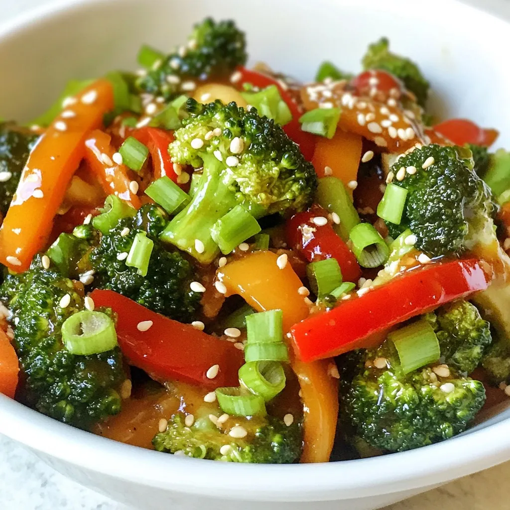 - 4 cups broccoli florets - 1 red bell pepper, thinly sliced - 1 carrot, cut into matchsticks - 3 green onions, finely chopped - 2 cloves garlic, minced - 1 tablespoon fresh ginger, grated - 2 tablespoons sesame oil - 3 tablespoons soy sauce (or tamari for gluten-free) - 1 tablespoon rice vinegar - 1 tablespoon honey or maple syrup - 1 tablespoon sesame seeds - Salt and pepper to taste If you need to change some ingredients, here are options: - Use tamari instead of soy sauce for gluten-free. - Swap honey with maple syrup for vegan. - Replace sesame oil with olive oil for a lighter taste. - Use any other colorful veggies, like zucchini or snow peas. This dish is rich in vitamins and minerals. Here’s a quick look: - Broccoli provides vitamin C and fiber. - Bell pepper adds antioxidants and vitamin A. - Carrots offer beta-carotene and are good for eyes. - Sesame seeds give healthy fats and protein. A serving has about 150 calories, making it a nutritious choice. {{ingredient_image_2}} Start by washing the broccoli, red bell pepper, and carrot. Cut the broccoli into small florets. Slice the red bell pepper into thin strips. Julienning the carrot gives nice matchsticks. Set all the prepared vegetables aside on a clean cutting board. In a small bowl, combine three tablespoons of soy sauce, one tablespoon of rice vinegar, and one tablespoon of honey or maple syrup. Add two tablespoons of sesame oil, along with a pinch of salt and pepper. Mix well until smooth and set the sauce aside for later. Heat one tablespoon of sesame oil in a large pan or wok over medium to high heat. Once the oil shimmers, add the minced garlic and grated ginger. Sauté for about 30 seconds until they smell great. Then, add the broccoli, red bell pepper, and carrot. Stir-fry for five to seven minutes. You want the broccoli to turn bright green and stay crisp. After cooking, pour the sauce over the veggies and stir for two to three minutes. This helps the flavors blend. Finally, sprinkle finely chopped green onions and sesame seeds on top. Serve this colorful stir fry in a big bowl or on plates. For a complete meal, enjoy it with steamed rice or noodles. To boost flavor in your sesame ginger broccoli stir fry, use fresh ingredients. Fresh ginger and garlic give strong taste and aroma. Add more sesame oil for a nutty flavor. A splash of rice vinegar adds brightness. You can also toss in a pinch of red pepper flakes for heat. Don't forget to mix the sauce well before adding it to your stir fry. This ensures every bite is packed with flavor. For a crunchy texture, slightly undercook the broccoli. It should be bright green and crisp. Many home cooks overcook their vegetables. This makes them mushy and dull. Stir fry quickly on high heat to keep them vibrant. Also, don’t skip the sauce mixing step. If you add it straight from the bowl, the taste won't be even. Be careful with the salt. Soy sauce can be very salty, so taste before adding more. Lastly, don't crowd the pan. If you add too much at once, your veggies will steam instead of fry. A good wok is key for stir frying. It heats evenly and has high sides to toss ingredients. If you don’t have a wok, a large skillet works too. A wooden spatula is great for stirring. It’s gentle on your pan's surface. Use a sharp knife for chopping veggies. A cutting board is also a must for safety. Finally, have a small bowl ready for your sauce. This keeps your workspace tidy and speeds up cooking. Pro Tips Fresh Ingredients: Always use fresh broccoli and vibrant vegetables for the best flavor and texture in your stir fry. High Heat Cooking: Stir frying requires high heat to achieve that perfect sear and crispiness, so make sure your pan is hot before adding ingredients. Prep Ahead: To save time during cooking, prep all your vegetables and sauce beforehand. This way, you can quickly add them to the pan without delay. Adjust for Taste: Don't hesitate to taste and adjust the seasoning as you cook. Adding a splash more soy sauce or a pinch of salt can elevate the flavors significantly. {{image_4}} You can switch up the vegetables in this stir fry. Try adding snap peas, bell peppers, or bok choy. Each veggie brings its own flavor. You can also use cauliflower instead of broccoli. This keeps the dish fresh and exciting. Choose veggies that you enjoy or have on hand. If you want to add protein, chicken or tofu works great. For chicken, cut it into small pieces and cook it first. Tofu can be cubed and added with the veggies. Both options soak up the tasty sauce well. You can also use shrimp for a seafood twist. To make this dish gluten-free, use tamari instead of soy sauce. For a vegan option, swap honey with maple syrup. These small changes keep the flavors strong while meeting diet needs. This way, everyone can enjoy this delicious stir fry. To keep your Sesame Ginger Broccoli Stir Fry fresh, store leftovers in an airtight container. This helps maintain flavor and texture. Let the stir fry cool completely before sealing. Place it in the fridge and eat within three days for the best taste. When you're ready to enjoy leftovers, reheat them in a pan. Add a splash of water to keep it moist. Heat over medium until warmed through. Stir occasionally to avoid burning. You can also use the microwave. Heat in short bursts, stirring in between, until hot. Freezing is another option for storage. Allow the stir fry to cool completely before packing it in a freezer-safe container. It can last up to three months in the freezer. When you’re ready to eat, thaw it overnight in the fridge. Reheat as mentioned above for the best results. To add heat, try using fresh chili peppers. You can slice them thin and toss them in when you cook the garlic and ginger. Another option is to add a dash of red pepper flakes when you add the sauce. This gives a nice kick without changing the dish too much. Yes, you can use pre-packaged stir-fry vegetables for ease. Just make sure they include broccoli or similar veggies. However, fresh vegetables often taste better and keep their crunch. If you use frozen veggies, cook them a little longer to ensure they heat through. This stir fry pairs well with steamed rice or noodles. You can also serve it with grilled chicken, tofu, or shrimp for a protein boost. Try adding a side of egg rolls or spring rolls for a complete meal. The Sesame Ginger Broccoli Stir Fry has about 150 calories per serving. This can vary based on the amount of oil you use and any added proteins. It’s a healthy, low-calorie option that is filling and nutritious. You now know how to create a tasty Sesame Ginger Broccoli Stir Fry. We explored the key ingredients and offered substitutes for different diets. I shared step-by-step instructions to help you cook with ease. Plus, there are useful tips to enhance flavor and avoid mistakes. You also saw variations to customize your dish and storage tips for leftovers. With this knowledge, you can enjoy a healthy stir fry anytime!