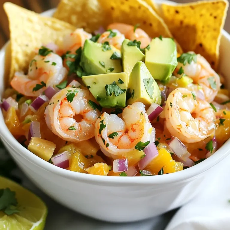 - Fresh shrimp (1 pound, peeled and deveined) - Fresh lime juice (1 cup, approximately 8 limes) - Juice of 1 orange - Sea salt and black pepper (1/2 teaspoon sea salt, 1/4 teaspoon black pepper) - Avocado (1 ripe, diced) - Red onion (1 small, finely chopped) - Jalapeño (1, deseeded and finely minced) - Fresh cilantro (1/2 cup, chopped) - Lime zest (from 1 lime) - Tortilla chips (for serving) To make a great citrus shrimp ceviche, you need fresh shrimp. I prefer shrimp that is peeled and deveined. It saves time and effort. The shrimp should be bright and firm. Fresh lime juice is key. You will need about eight limes to get a cup of juice. The juice adds zing and helps cook the shrimp. Don’t forget the orange juice! It adds a sweet touch to balance the lime. Sea salt and black pepper are essential for flavor. Use just half a teaspoon of salt and a quarter teaspoon of pepper. Next, you’ll want one ripe avocado. Cut it into small pieces. The creamy avocado pairs perfectly with the shrimp. For a crunchy texture, add one small red onion, finely chopped. It brings a nice bite. If you like some heat, include a jalapeño. Make sure to remove the seeds and chop it finely. Fresh cilantro adds a burst of flavor. You’ll need half a cup of chopped cilantro. Lastly, don’t skip the lime zest. It gives a bright finish! When you have all these ingredients ready, you can create a fresh and tasty dish. Enjoy the bright flavors of this refreshing ceviche! {{ingredient_image_2}} Start by combining the fresh shrimp with lime juice and orange juice. I love using a glass or ceramic bowl for this. It keeps the flavors bright. Make sure the shrimp are fully submerged in the citrus juices. This step is key to cooking the shrimp in the acidity. Once mixed well, cover the bowl tightly with plastic wrap. Place it in the refrigerator to chill. Let the shrimp marinate for about 30 to 45 minutes. You will see a color change as the shrimp go from gray to a vibrant pink. This change means the shrimp are cooking properly. The citric acid does its magic during this time. After marinating, drain any excess citrus juice. You want to keep a little for flavor, but not too much. Next, fold in seasonings and vegetables. Add sea salt, black pepper, diced avocado, chopped red onion, minced jalapeño, cilantro, and lime zest. Mix gently to combine all the ingredients. Make sure each bite has a bit of everything. Now it's time to serve! I love placing the ceviche on a bed of tortilla chips. This adds a nice crunch. You can also serve it in small glasses for a fancy touch. For an appealing look, garnish with extra cilantro leaves and lime slices. Enjoy your Citrus Shrimp Ceviche chilled for the best experience! To make the best ceviche, start with fresh shrimp. Fresh shrimp tastes great and gives you the best flavor. Always adjust the seasoning to your taste. If you like more salt or pepper, add it slowly. Taste as you go. You can try other spices and herbs to boost flavor. Consider adding a pinch of cumin or some fresh mint. This can add a new twist. Balance the acidity of the citrus with a hint of sweetness. A touch of honey or extra orange juice works well. Make your ceviche look great with simple garnishes. A handful of fresh cilantro or lime slices adds color. Serve in small glasses for an elegant touch. This makes it look fancy and fun to eat. Enjoy your chilled ceviche on a bed of crispy tortilla chips. Pro Tips Use Fresh Ingredients: Always opt for the freshest shrimp and produce for the best flavor and texture in your ceviche. Adjust Marinating Time: Depending on the size of the shrimp, you may need to adjust the marinating time for optimal "cooking" in the citrus. Experiment with Citrus: Mix different citrus juices, like grapefruit or lemon, for a unique twist on the traditional ceviche flavor. Keep it Chilled: Serve the ceviche cold and store it in the refrigerator until just before serving for the best taste and freshness. {{image_4}} You can change up your ceviche by using other citrus fruits. Grapefruit or lemon can add new flavors. If you want a sweet twist, consider adding tropical fruits. Mango and pineapple pair well with shrimp. Their sweetness balances the acidity of the lime and orange juice. For those who like heat, you can spice things up! Add more jalapeño for a stronger kick. If you want even more heat, try serrano peppers. For an extra flavor burst, drizzle some hot sauce on top. Just a little can make a big difference. Don't be afraid to experiment with herbs. Fresh mint or parsley can bring a fresh taste. You can also add other vegetables for crunch. Cucumber or bell peppers work nicely. These additions brighten the dish and add more texture. To keep your ceviche fresh, store it right away. Use an airtight container. Place it in the fridge. Proper storage helps maintain flavor and texture. Ceviche can last up to two days. After that, the shrimp may turn mushy. Always check for any off smells before eating. If it smells bad, toss it out. When you re-serve ceviche, first check its texture. If it looks watery, gently drain some liquid. This helps improve the taste. Before serving, taste it again. If it needs more flavor, add a pinch of salt or a squeeze of lime. Mixing in some fresh cilantro can also brighten it up. Enjoy your dish chilled for the best taste! Marinate the shrimp for 30 to 45 minutes. This time lets the lime juice cook the shrimp. Watch for color change. They should turn pink and opaque. This means they are ready to eat. Yes, you can use frozen shrimp. First, thaw them in the fridge or under cold water. Once thawed, peel and devein them. Then, follow the same steps for marinating. Frozen shrimp works well if handled correctly. Ceviche is safe when made properly. The lime juice "cooks" the shrimp through acidity. This method kills harmful bacteria. Always use fresh shrimp and keep it cold. If in doubt, skip the raw seafood. Try these options for serving ceviche: - Sliced cucumbers for a fresh crunch. - Plantain chips for a sweet touch. - Crisp lettuce leaves for a light wrap. - Fresh corn tortillas for a soft bite. These choices add variety and make your dish fun! You can make a tasty shrimp ceviche with just a few fresh ingredients. Marinate the shrimp in citrus juice, mix in veggies, and serve on tortilla chips for a fun meal. Remember to adjust flavors and try different fruits or herbs to enhance your dish. If you have leftovers, store them safely and refresh before serving. Ceviche is both easy and versatile, perfect for summer gatherings or casual snacks. Enjoy experimenting until you find your ideal recipe!