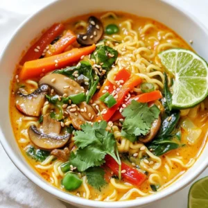 - 4 cups vegetable broth - 1 can (14 oz) coconut milk - 2 tablespoons red curry paste - 1 tablespoon fresh ginger, finely grated - 2 cloves garlic, minced These main ingredients form the base of your coconut curry ramen. The vegetable broth gives depth, while the coconut milk adds creaminess. Red curry paste brings heat and flavor. Fresh ginger and garlic add a fragrant punch that elevates the dish. - 200g ramen noodles (fresh or dried) - 1 cup baby spinach - 1 medium carrot, julienned - 1 bell pepper, any color, sliced - 1 cup mushrooms, thinly sliced Ramen noodles are the heart of your dish. They soak up the broth well. Baby spinach adds color and nutrition. Carrots and bell peppers provide crunch and sweetness. Mushrooms add umami, making every bite satisfying. - 1 tablespoon soy sauce - 1 tablespoon lime juice - Sliced scallions, for garnishing - Sesame seeds, for garnishing These optional ingredients let you customize your ramen. Soy sauce adds saltiness, enhancing the broth's flavor. Lime juice brightens every bite, adding a zesty twist. Sliced scallions and sesame seeds make the dish look beautiful and add extra flavor. {{ingredient_image_2}} 1. First, heat a splash of oil in a large pot over medium heat. 2. Add minced garlic and grated ginger to the pot. Sauté for about 1 minute. 3. Stir until both are aromatic and slightly golden. 4. Now, mix in 2 tablespoons of red curry paste. Cook for another minute. 1. Carefully pour in 4 cups of vegetable broth and 1 can of coconut milk. 2. Whisk until the curry paste dissolves completely. 3. Bring the mixture to a gentle simmer. 4. Add 1 tablespoon of soy sauce and 1 tablespoon of lime juice. 5. Taste and adjust flavors to your liking. 1. Add sliced mushrooms, bell pepper, and julienned carrots to the pot. 2. Cook for about 5 to 7 minutes until the vegetables are tender but still crunchy. 3. While the veggies cook, prepare 200g of ramen noodles according to the package. 4. Once cooked, drain the noodles and set them aside. 5. Stir in 1 cup of baby spinach into the curry broth. 6. Allow the spinach to wilt for about 2 minutes. 7. To serve, place the noodles in a bowl. Pour the hot coconut curry broth over the noodles. 8. Top with the sautéed vegetables for a colorful presentation. - Balancing flavors with lime and soy sauce: Lime juice adds brightness. It cuts through the richness of coconut milk. Soy sauce gives depth and umami. Adjust both to your taste. Start with one tablespoon each and taste. You can add more if needed. - Choosing the right red curry paste: Not all red curry pastes are the same. Some are spicy, while others are mild. Look for one that suits your heat level. Taste a small amount before adding it to the pot. This helps you control the spice. - Timing for adding vegetables: Add vegetables in stages. Start with harder veggies like carrots and bell peppers. They need more time to cook. Add softer ones, like spinach, later. This keeps them vibrant and fresh. - Tips for preparing fresh vs. dried ramen noodles: Fresh noodles cook faster than dried. Follow the package instructions closely. For dried noodles, check the cooking time. Drain them right after cooking. Rinse with cold water to stop cooking. - Arranging the dish for aesthetic appeal: Use deep bowls to make your ramen look good. Place noodles in the center. Arrange vegetables around them. This makes the dish pop. - Key garnishes for flavor and color: Fresh cilantro adds a burst of flavor. Sliced scallions give a nice crunch. Sesame seeds provide a lovely finish. A lime wedge adds brightness. Don’t skip these! They make the dish more inviting. Pro Tips Use Fresh Ingredients: Opt for fresh vegetables and herbs to enhance the flavor and nutritional value of your coconut curry ramen. Adjust Spice Levels: If you prefer a spicier dish, add more red curry paste or include sliced fresh chili peppers for an extra kick. Experiment with Proteins: Feel free to add tofu, chicken, or shrimp to your ramen for a heartier meal. Perfect the Noodles: Cook the ramen noodles separately to prevent them from becoming too soft; add them to the broth just before serving. {{image_4}} You can easily make Coconut Curry Ramen vegan and gluten-free. For a vegan option, use vegetable broth and coconut milk, which are both plant-based. Substitute regular ramen with gluten-free noodles made from rice or buckwheat. These swaps keep the dish delicious while fitting dietary needs. Want to add protein? Try adding tofu or chicken. Tofu soaks up the broth's flavor well. If you prefer chicken, cook it in the broth until tender. Seafood is another great choice. Shrimp or fish can add a delightful twist to your ramen. Feel free to play with flavors. Try different curry pastes to find your favorite. Green or yellow curry paste can give the dish a unique taste. If you like heat, add sliced chili peppers. They bring a nice kick, making your ramen even more exciting! To store leftover Coconut Curry Ramen, let it cool first. Place it in an airtight container. This helps keep the dish fresh. Store it in the fridge for up to three days. If you want to keep it longer, consider freezing it. You can reheat Coconut Curry Ramen in two ways: on the stove or in the microwave. If using the stove, pour the ramen into a pot and add a splash of broth. Heat on low until warm. In the microwave, use a microwave-safe bowl. Heat in short bursts, stirring in between. This helps maintain texture and flavor. Yes, you can freeze Coconut Curry Ramen. However, it’s best to freeze the broth and noodles separately. This keeps the noodles from becoming mushy. When freezing, use freezer-safe containers. To thaw, move it to the fridge overnight. Reheat on the stove or microwave as mentioned before. Can I use homemade broth? Yes, you can use homemade broth. It adds fresh flavor. Just make sure it's seasoned well. What are the best types of ramen noodles to use? You can use fresh or dried ramen noodles. Fresh noodles cook quickly and have a nice chew. Dried noodles are more convenient and store easily. Is Coconut Curry Ramen gluten-free? Coconut Curry Ramen can be gluten-free. Just use gluten-free ramen noodles. Check the soy sauce too. How can I make this dish spicier? To make it spicier, add more red curry paste. You can also add sliced chili peppers or chili oil. How long does it take to make Coconut Curry Ramen? It takes about 30 minutes to make this dish. Most of the time goes to prepping and cooking the veggies. Can I make it ahead of time? Yes, you can make it ahead. Just store the broth and noodles separately. This keeps the noodles from getting soggy. Coconut Curry Ramen offers a blend of rich flavors and simple steps. We covered essential ingredients, preparation tips, and variations to suit your taste. Remember, balance is key for a great broth, and there are many ways to personalize this dish. Whether you prefer it vegan, spicy, or loaded with veggies, Coconut Curry Ramen fits any palate. Enjoy creating a warm, flavorful bowl that invites comfort with every slurp. Your culinary adventure starts now!