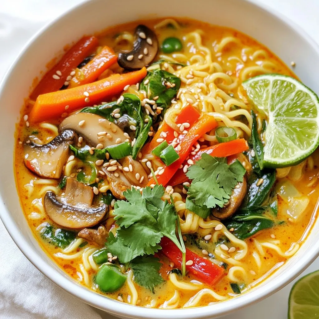 - 4 cups vegetable broth - 1 can (14 oz) coconut milk - 2 tablespoons red curry paste - 1 tablespoon fresh ginger, finely grated - 2 cloves garlic, minced These main ingredients form the base of your coconut curry ramen. The vegetable broth gives depth, while the coconut milk adds creaminess. Red curry paste brings heat and flavor. Fresh ginger and garlic add a fragrant punch that elevates the dish. - 200g ramen noodles (fresh or dried) - 1 cup baby spinach - 1 medium carrot, julienned - 1 bell pepper, any color, sliced - 1 cup mushrooms, thinly sliced Ramen noodles are the heart of your dish. They soak up the broth well. Baby spinach adds color and nutrition. Carrots and bell peppers provide crunch and sweetness. Mushrooms add umami, making every bite satisfying. - 1 tablespoon soy sauce - 1 tablespoon lime juice - Sliced scallions, for garnishing - Sesame seeds, for garnishing These optional ingredients let you customize your ramen. Soy sauce adds saltiness, enhancing the broth's flavor. Lime juice brightens every bite, adding a zesty twist. Sliced scallions and sesame seeds make the dish look beautiful and add extra flavor. {{ingredient_image_2}} 1. First, heat a splash of oil in a large pot over medium heat. 2. Add minced garlic and grated ginger to the pot. Sauté for about 1 minute. 3. Stir until both are aromatic and slightly golden. 4. Now, mix in 2 tablespoons of red curry paste. Cook for another minute. 1. Carefully pour in 4 cups of vegetable broth and 1 can of coconut milk. 2. Whisk until the curry paste dissolves completely. 3. Bring the mixture to a gentle simmer. 4. Add 1 tablespoon of soy sauce and 1 tablespoon of lime juice. 5. Taste and adjust flavors to your liking. 1. Add sliced mushrooms, bell pepper, and julienned carrots to the pot. 2. Cook for about 5 to 7 minutes until the vegetables are tender but still crunchy. 3. While the veggies cook, prepare 200g of ramen noodles according to the package. 4. Once cooked, drain the noodles and set them aside. 5. Stir in 1 cup of baby spinach into the curry broth. 6. Allow the spinach to wilt for about 2 minutes. 7. To serve, place the noodles in a bowl. Pour the hot coconut curry broth over the noodles. 8. Top with the sautéed vegetables for a colorful presentation. - Balancing flavors with lime and soy sauce: Lime juice adds brightness. It cuts through the richness of coconut milk. Soy sauce gives depth and umami. Adjust both to your taste. Start with one tablespoon each and taste. You can add more if needed. - Choosing the right red curry paste: Not all red curry pastes are the same. Some are spicy, while others are mild. Look for one that suits your heat level. Taste a small amount before adding it to the pot. This helps you control the spice. - Timing for adding vegetables: Add vegetables in stages. Start with harder veggies like carrots and bell peppers. They need more time to cook. Add softer ones, like spinach, later. This keeps them vibrant and fresh. - Tips for preparing fresh vs. dried ramen noodles: Fresh noodles cook faster than dried. Follow the package instructions closely. For dried noodles, check the cooking time. Drain them right after cooking. Rinse with cold water to stop cooking. - Arranging the dish for aesthetic appeal: Use deep bowls to make your ramen look good. Place noodles in the center. Arrange vegetables around them. This makes the dish pop. - Key garnishes for flavor and color: Fresh cilantro adds a burst of flavor. Sliced scallions give a nice crunch. Sesame seeds provide a lovely finish. A lime wedge adds brightness. Don’t skip these! They make the dish more inviting. Pro Tips Use Fresh Ingredients: Opt for fresh vegetables and herbs to enhance the flavor and nutritional value of your coconut curry ramen. Adjust Spice Levels: If you prefer a spicier dish, add more red curry paste or include sliced fresh chili peppers for an extra kick. Experiment with Proteins: Feel free to add tofu, chicken, or shrimp to your ramen for a heartier meal. Perfect the Noodles: Cook the ramen noodles separately to prevent them from becoming too soft; add them to the broth just before serving. {{image_4}} You can easily make Coconut Curry Ramen vegan and gluten-free. For a vegan option, use vegetable broth and coconut milk, which are both plant-based. Substitute regular ramen with gluten-free noodles made from rice or buckwheat. These swaps keep the dish delicious while fitting dietary needs. Want to add protein? Try adding tofu or chicken. Tofu soaks up the broth's flavor well. If you prefer chicken, cook it in the broth until tender. Seafood is another great choice. Shrimp or fish can add a delightful twist to your ramen. Feel free to play with flavors. Try different curry pastes to find your favorite. Green or yellow curry paste can give the dish a unique taste. If you like heat, add sliced chili peppers. They bring a nice kick, making your ramen even more exciting! To store leftover Coconut Curry Ramen, let it cool first. Place it in an airtight container. This helps keep the dish fresh. Store it in the fridge for up to three days. If you want to keep it longer, consider freezing it. You can reheat Coconut Curry Ramen in two ways: on the stove or in the microwave. If using the stove, pour the ramen into a pot and add a splash of broth. Heat on low until warm. In the microwave, use a microwave-safe bowl. Heat in short bursts, stirring in between. This helps maintain texture and flavor. Yes, you can freeze Coconut Curry Ramen. However, it’s best to freeze the broth and noodles separately. This keeps the noodles from becoming mushy. When freezing, use freezer-safe containers. To thaw, move it to the fridge overnight. Reheat on the stove or microwave as mentioned before. Can I use homemade broth? Yes, you can use homemade broth. It adds fresh flavor. Just make sure it's seasoned well. What are the best types of ramen noodles to use? You can use fresh or dried ramen noodles. Fresh noodles cook quickly and have a nice chew. Dried noodles are more convenient and store easily. Is Coconut Curry Ramen gluten-free? Coconut Curry Ramen can be gluten-free. Just use gluten-free ramen noodles. Check the soy sauce too. How can I make this dish spicier? To make it spicier, add more red curry paste. You can also add sliced chili peppers or chili oil. How long does it take to make Coconut Curry Ramen? It takes about 30 minutes to make this dish. Most of the time goes to prepping and cooking the veggies. Can I make it ahead of time? Yes, you can make it ahead. Just store the broth and noodles separately. This keeps the noodles from getting soggy. Coconut Curry Ramen offers a blend of rich flavors and simple steps. We covered essential ingredients, preparation tips, and variations to suit your taste. Remember, balance is key for a great broth, and there are many ways to personalize this dish. Whether you prefer it vegan, spicy, or loaded with veggies, Coconut Curry Ramen fits any palate. Enjoy creating a warm, flavorful bowl that invites comfort with every slurp. Your culinary adventure starts now!